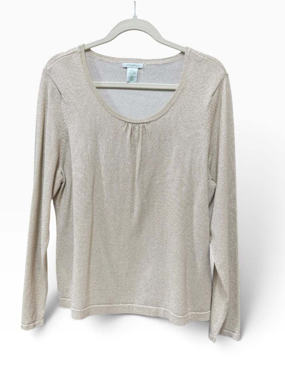 Laura Ashley Metallic Shimmer Gold Long Sleeve Scoop Neck Blouse Shirt Size L